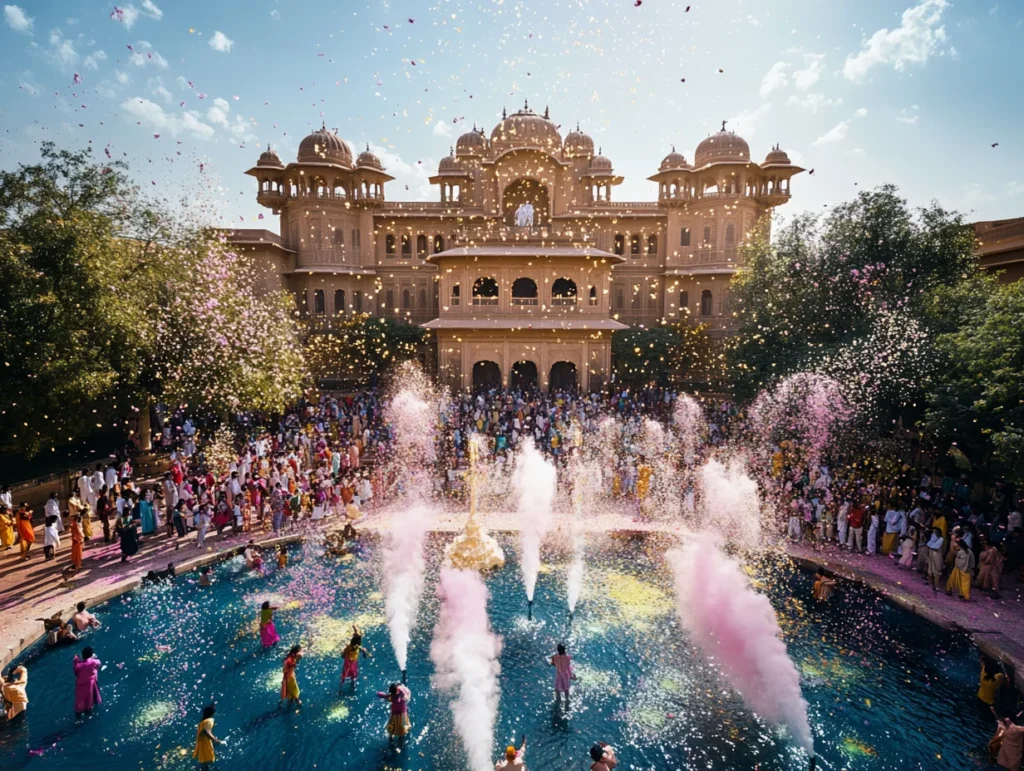 A grand Holi celebration at Deeg Palace in Rajasthan, where a large crowd gathers around a majestic fountain spraying pink and white colored water. The historic palace stands elegantly in the background as flower petals fill the air, creating a regal and festive atmosphere.