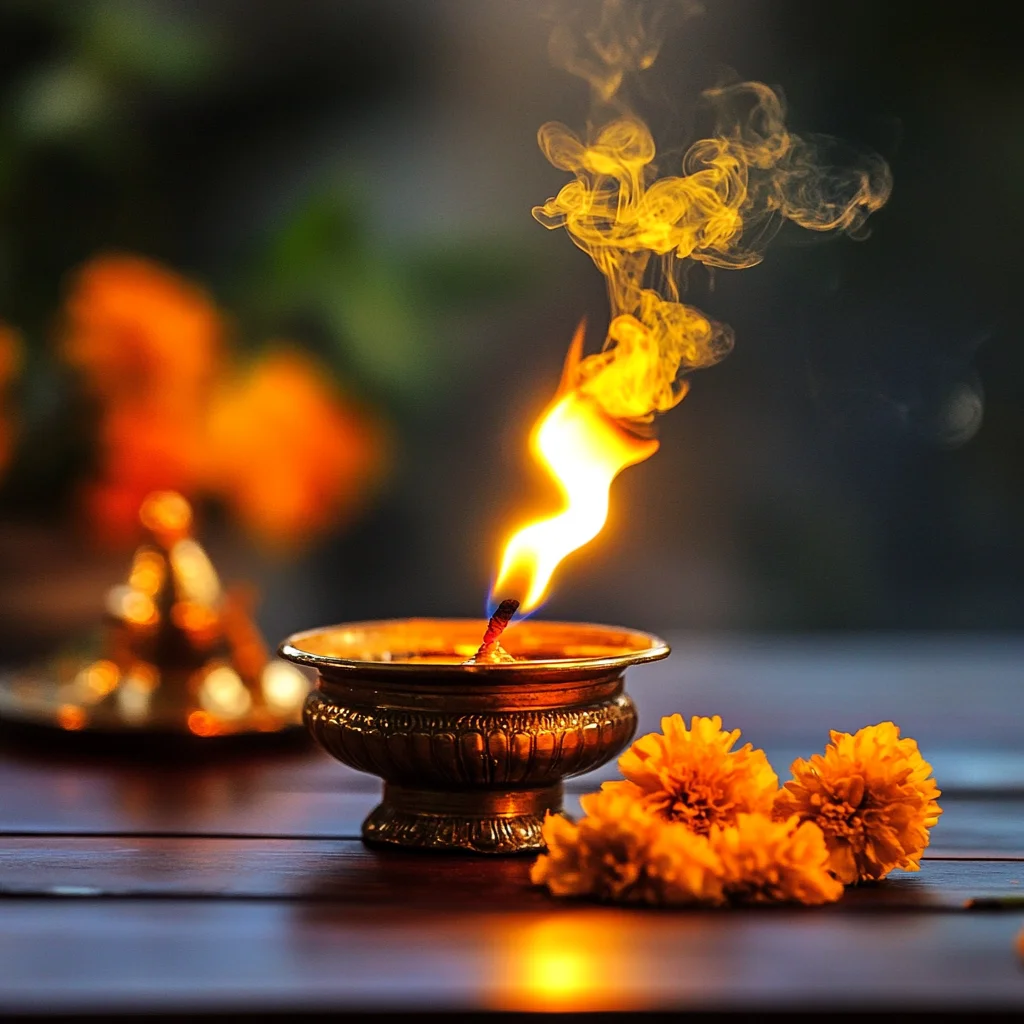 A sacred brass diya flickering with flame, surrounded by marigold flowers, symbolizing vastu for Holi.