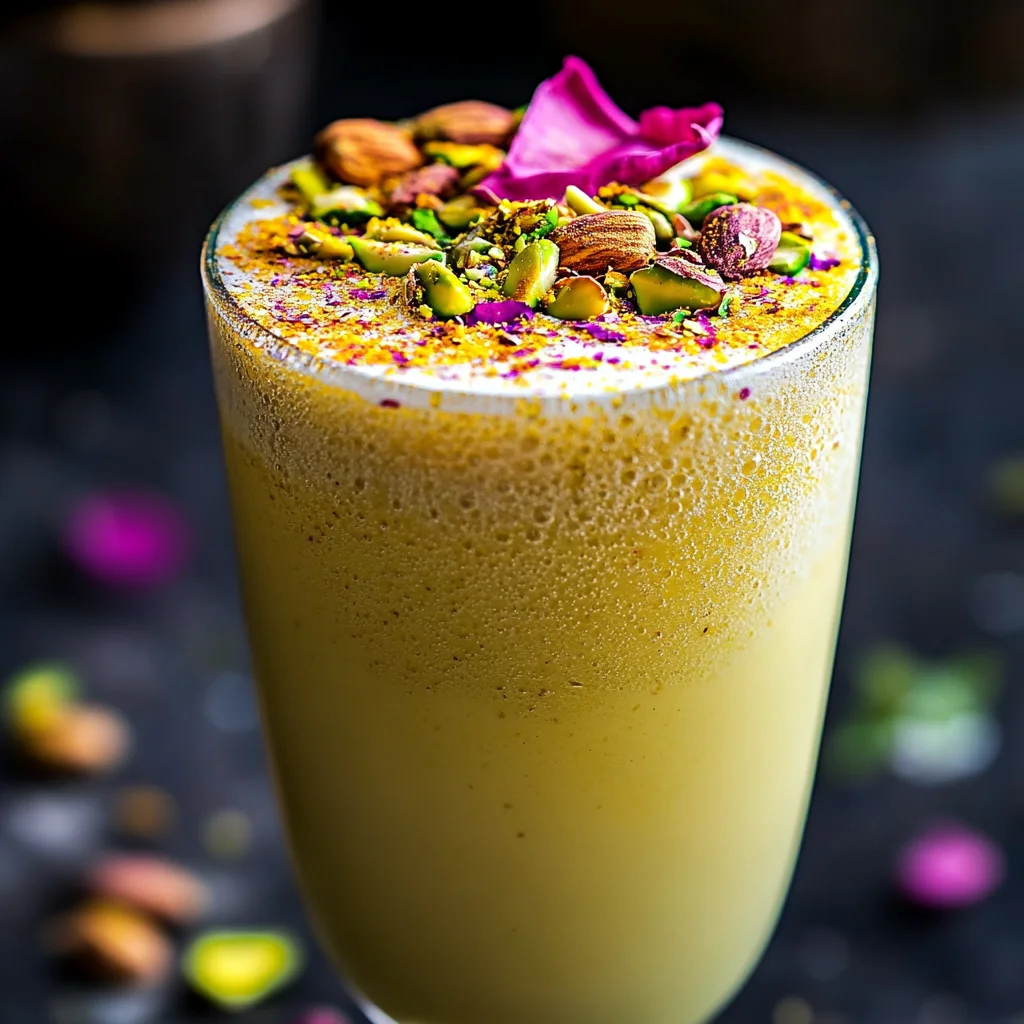 A close-up shot of a chilled glass of Thandai, a traditional Holi festival drink garnished with nuts and rose petals.