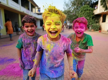 A joyful group of Indian children celebrating Holi, their faces and clothes covered in vibrant colors of yellow, pink, and blue. The central child laughs with excitement as they run through the street, surrounded by festive energy and colorful splashes in the background.